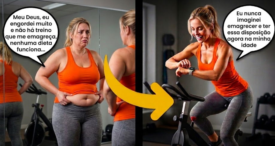 Mulher antes e depois de começar a pedalar